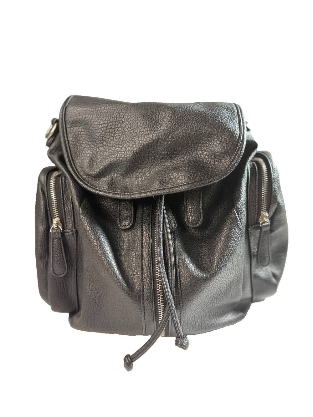 Expressions NYC Black Faux Leather Drawstring Backpack Purse Multi Pocket